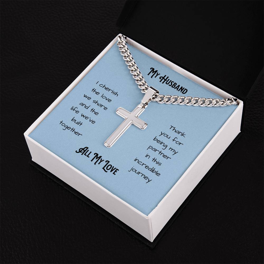 Gift for Husband. Personalized Steel Cross Necklace on Cuban Chain with message card