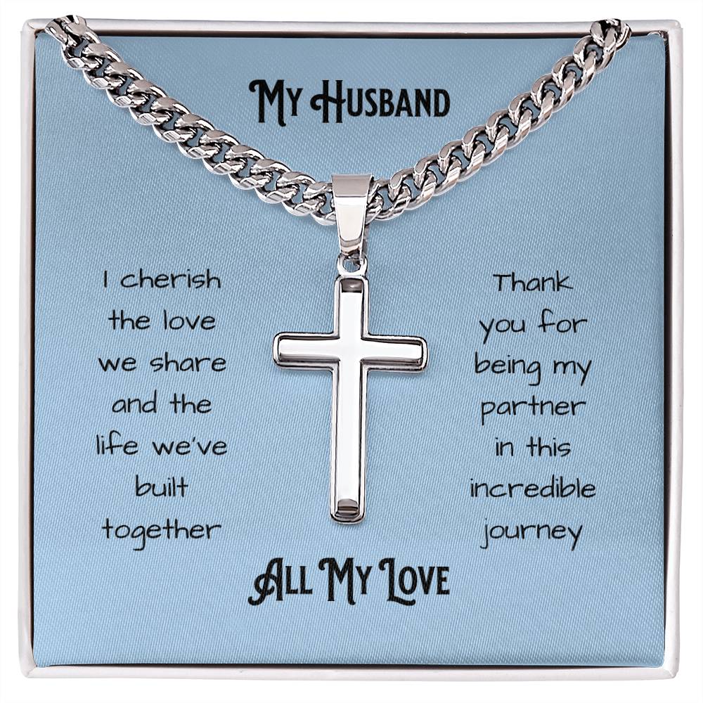 Gift for Husband. Personalized Steel Cross Necklace on Cuban Chain with message card