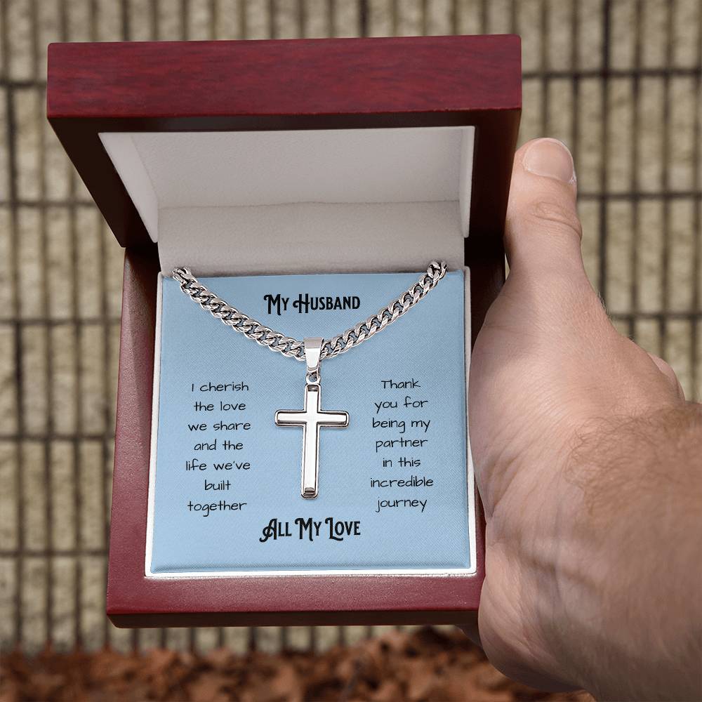 Gift for Husband. Personalized Steel Cross Necklace on Cuban Chain with message card
