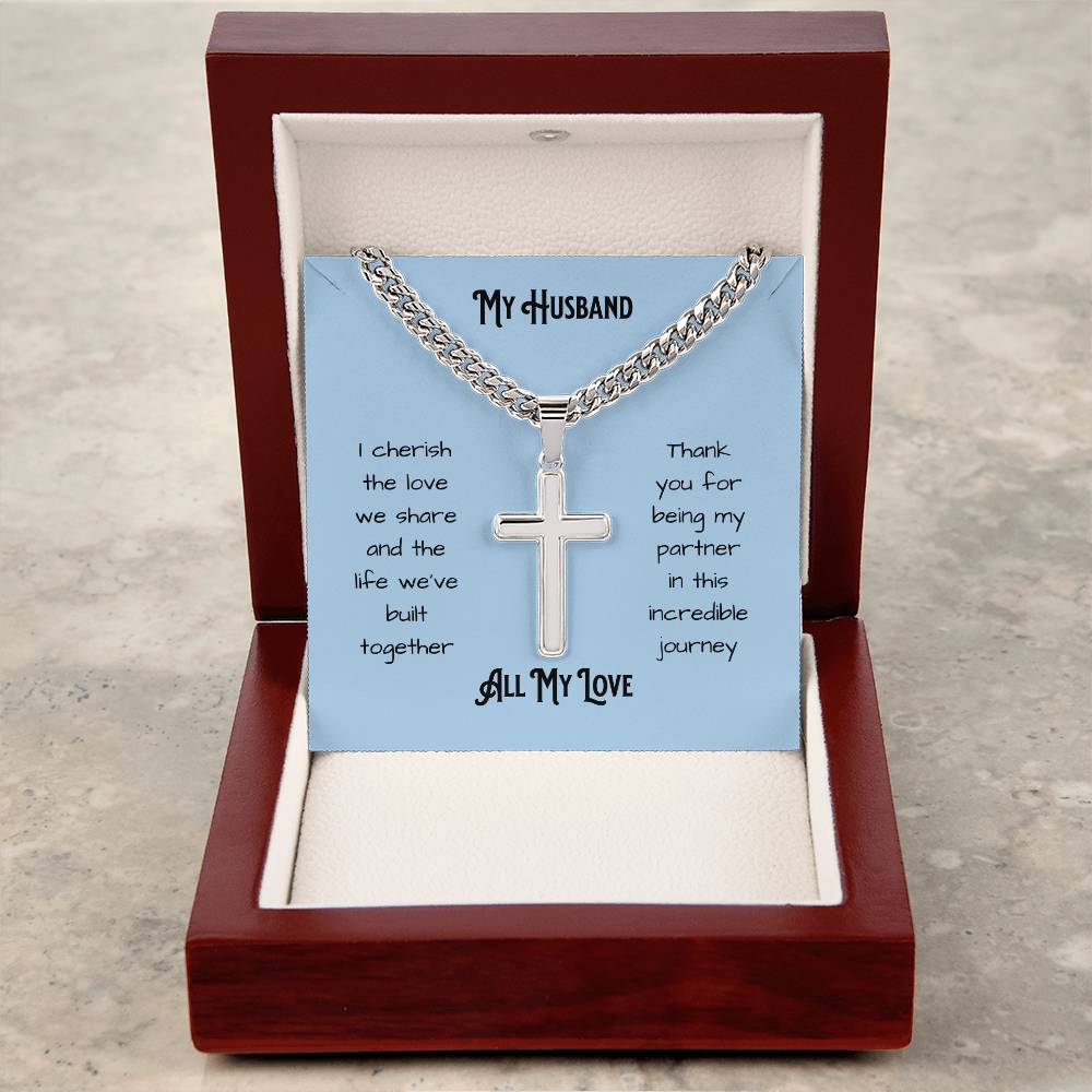 Gift for Husband. Personalized Steel Cross Necklace on Cuban Chain with message card