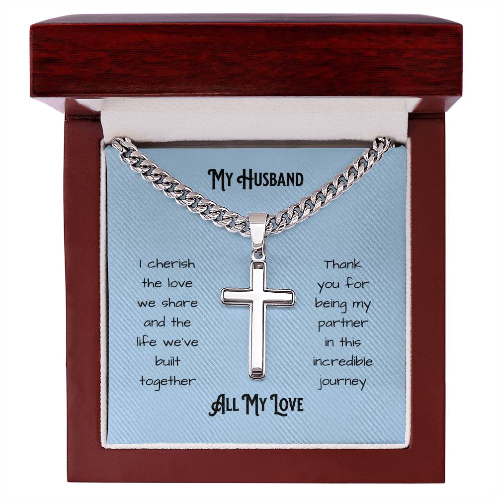 Gift for Husband. Personalized Steel Cross Necklace on Cuban Chain with message card