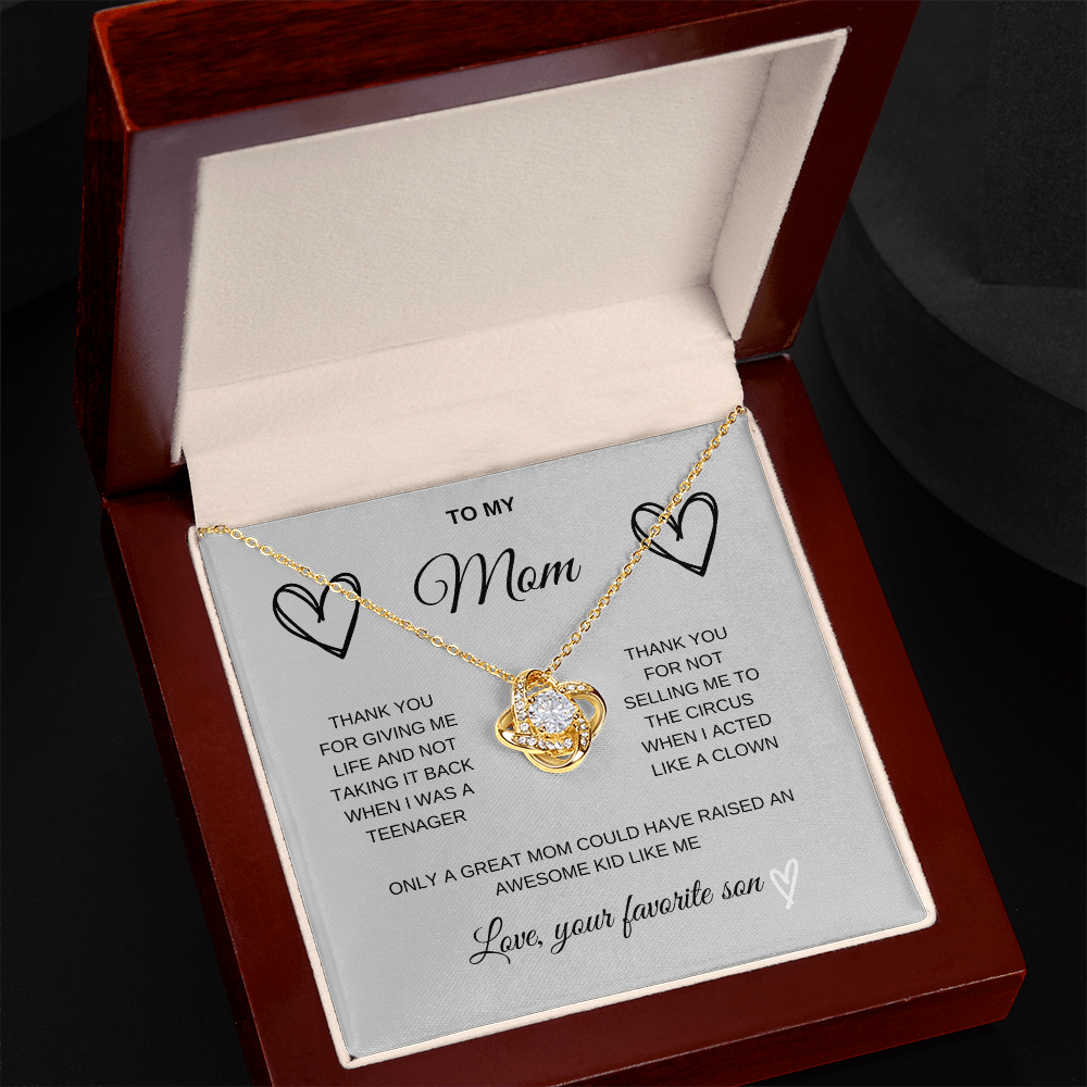 To Mom from Son. Love Knot necklace with message card
