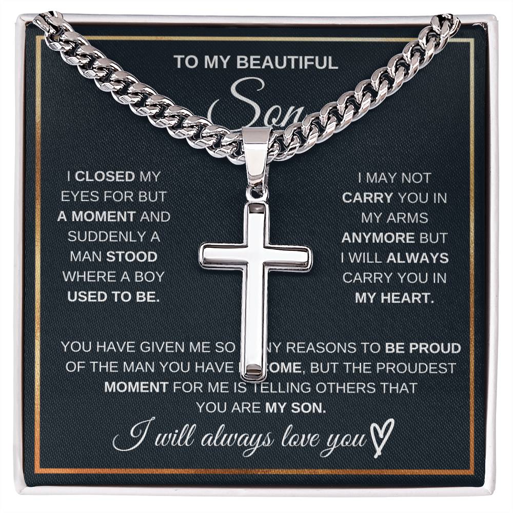 To my son. Engraved cross on Cuban Chain