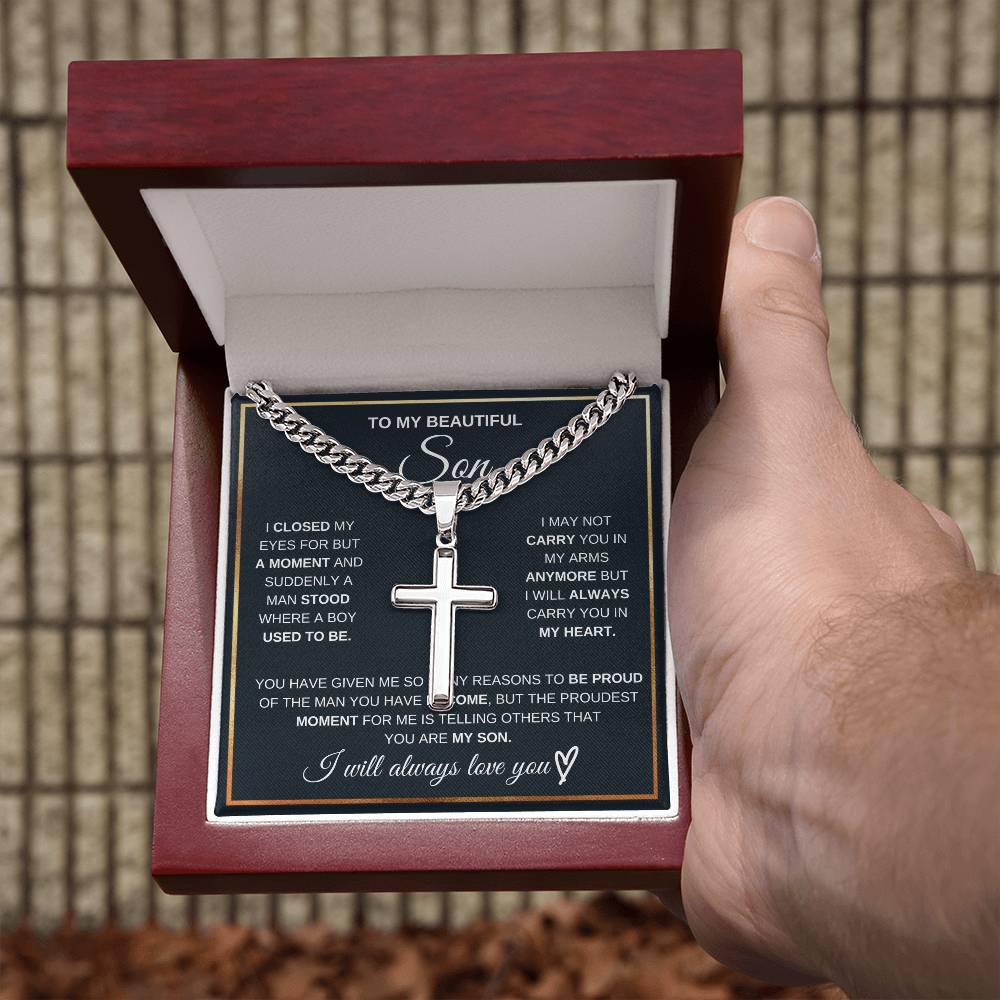 To my son. Engraved cross on Cuban Chain