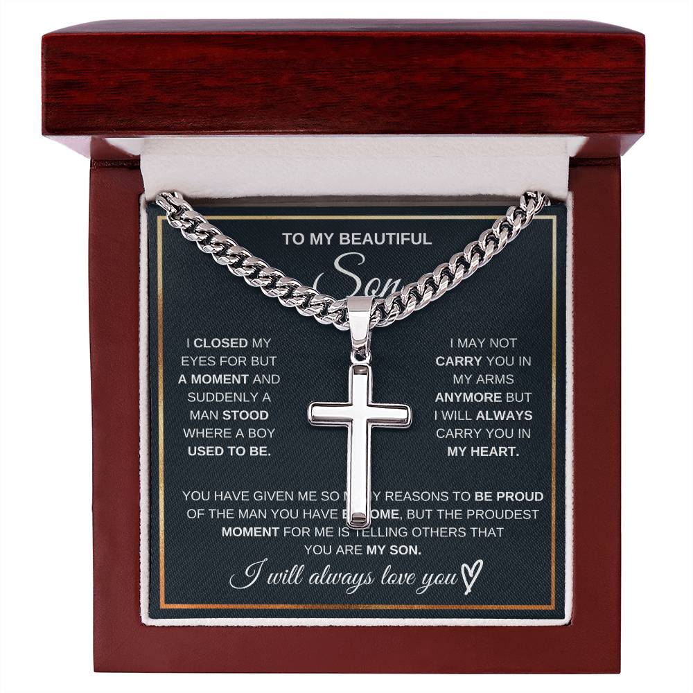 To my son. Engraved cross on Cuban Chain