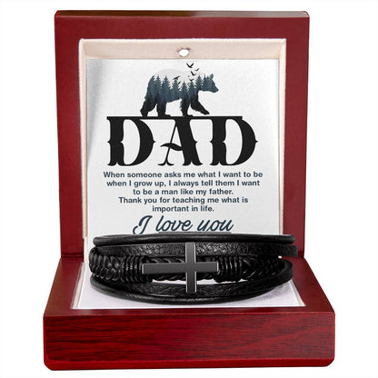 Gift for Dad. Leather bracelet with cross to show Dad how much you love him. With Message Card
