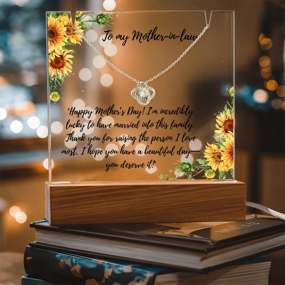 To My Mother-in Law Love Knot necklace on memorable lighted plaque