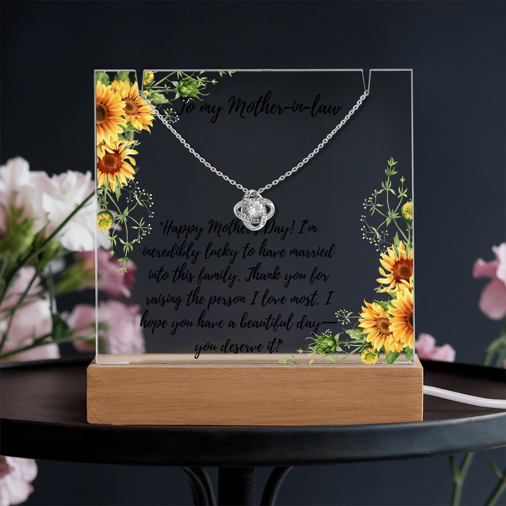 To My Mother-in Law Love Knot necklace on memorable lighted plaque