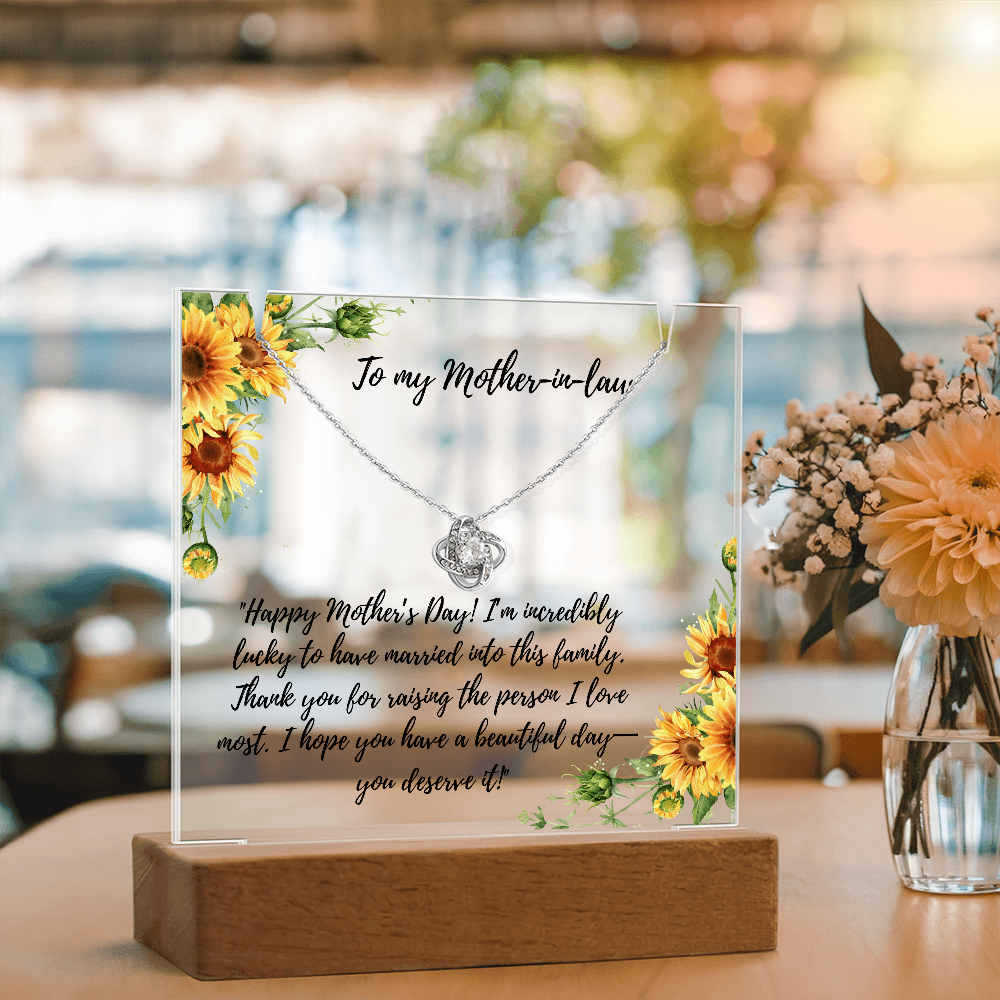 To My Mother-in Law Love Knot necklace on memorable lighted plaque