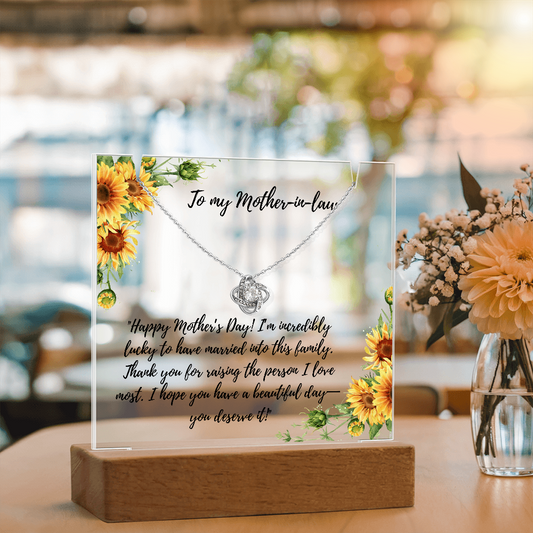To My Mother-in Law Love Knot necklace on memorable lighted plaque