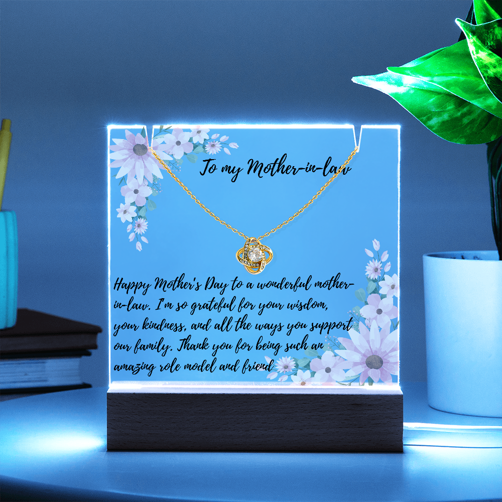 To my Mother-in -Law Love Knot necklace on a memorable lighted plaque with pink flowers.