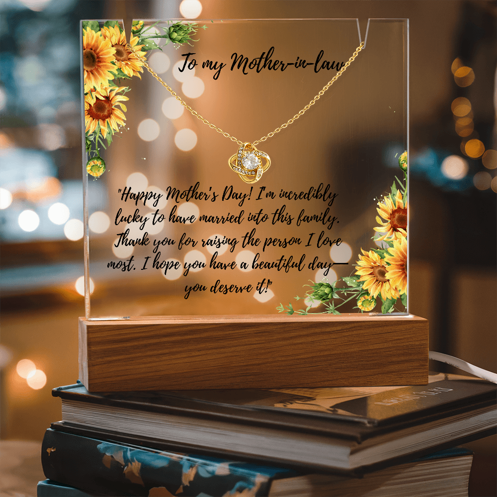 To My Mother-in Law Love Knot necklace on memorable lighted plaque