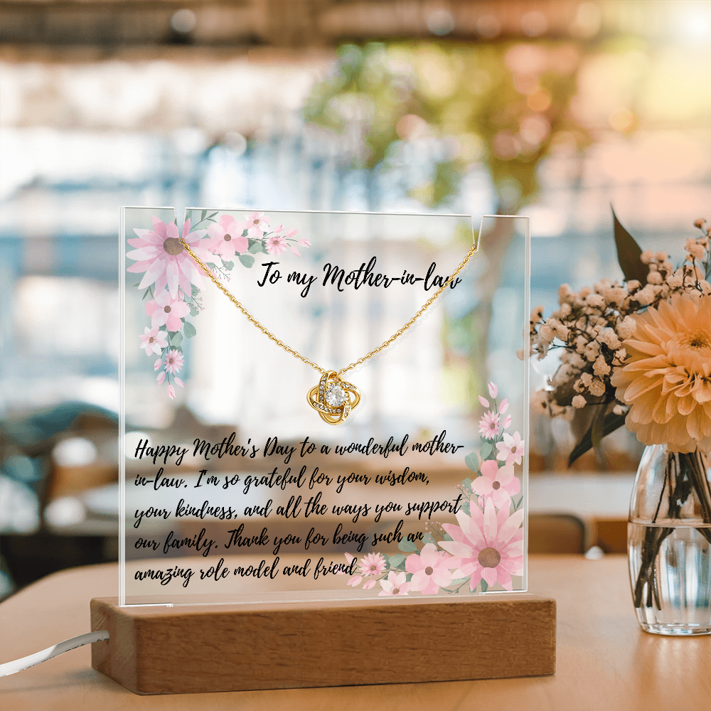 To my Mother-in -Law Love Knot necklace on a memorable lighted plaque with pink flowers.