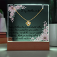To my Mother-in -Law Love Knot necklace on a memorable lighted plaque with pink flowers.