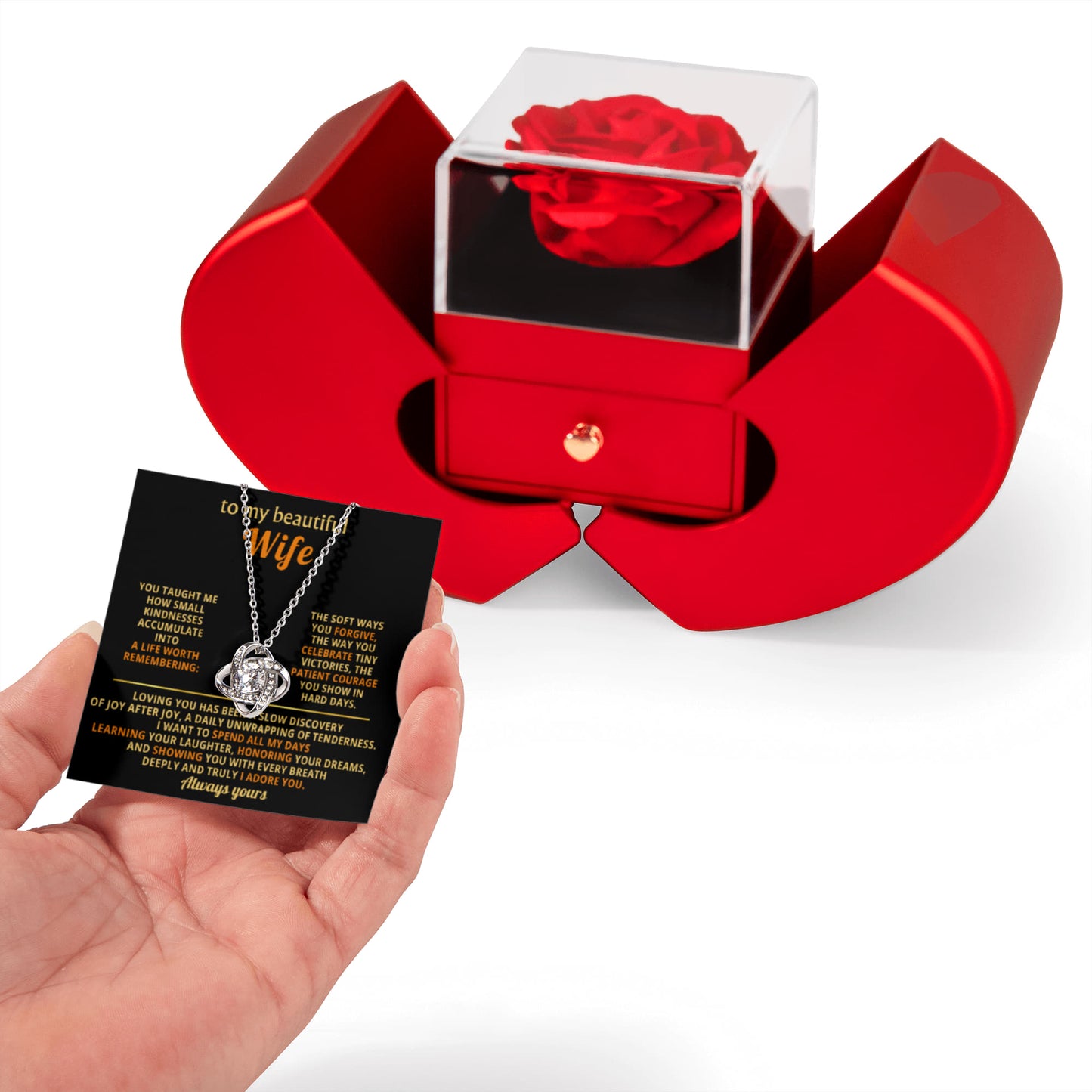 To my wife. Love knot necklace with red heart rose box