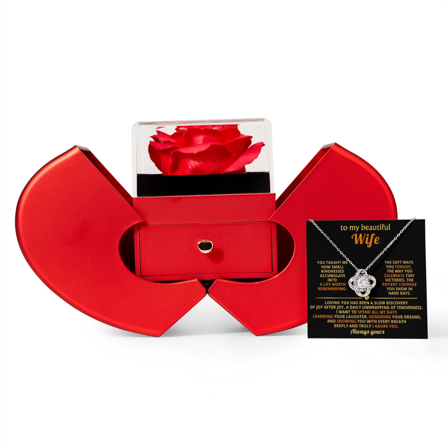 To my wife. Love knot necklace with red heart rose box
